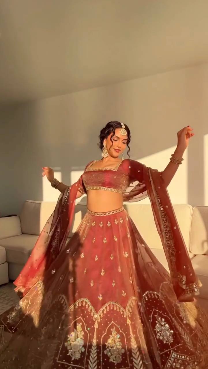 Rust Red Krishma Silk Sequence Work Lehenga Choli