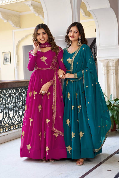 Faux Georgette Embroidered Gown with Sequin Work & Dupatta