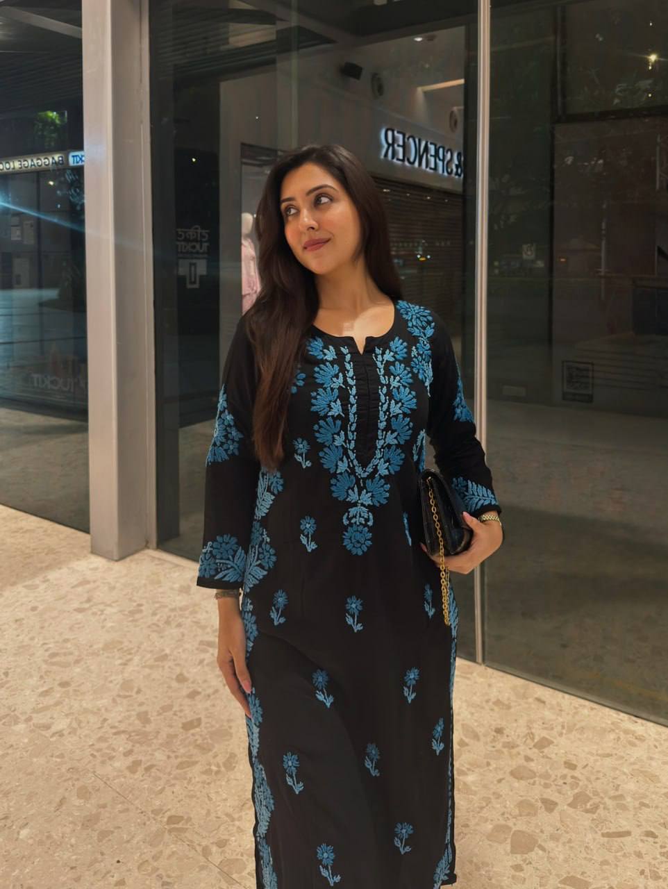 Black Roman Silk Salwar Suit with Blue Thread Embroidery