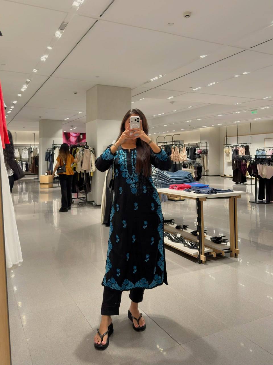 Black Roman Silk Salwar Suit with Blue Thread Embroidery