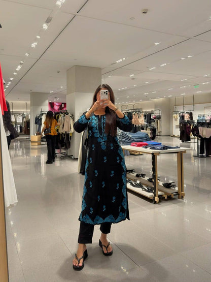 Black Roman Silk Salwar Suit with Blue Thread Embroidery