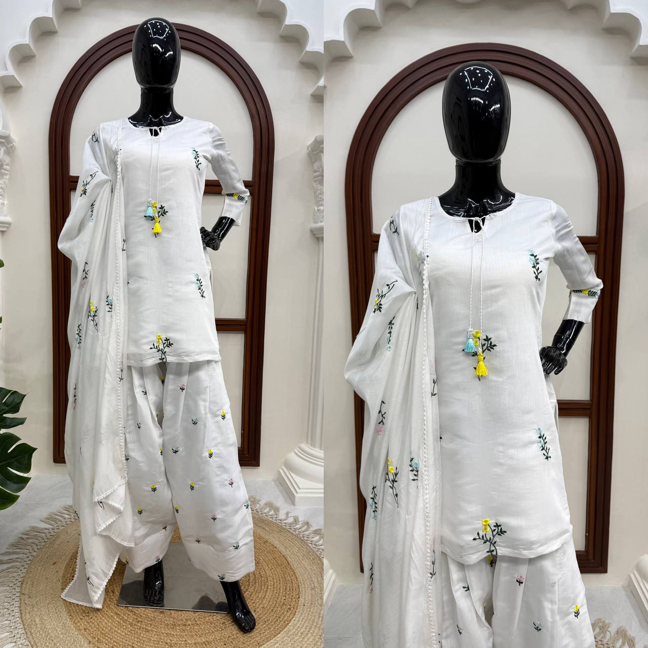 White Pakistani Suit with Floral Thread Embroidery Salwar Kameez
