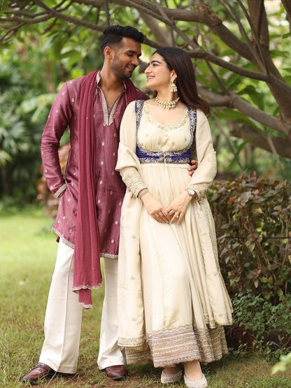 Cream Chinon Silk Anarkali Salwar Suit Women Party Wear