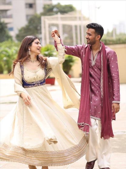 Cream Chinon Silk Anarkali Salwar Suit Women Party Wear