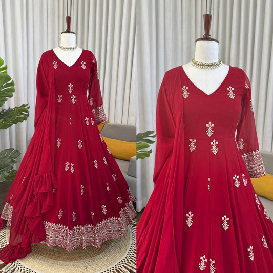 Maroon Faux Georgette Embroidered Anarkali Suit for Women