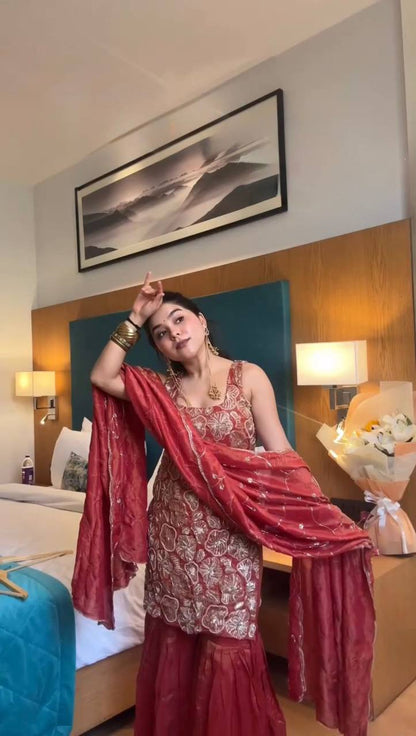 Red Simmer Silk Kurta Sharara Set with Dupatta