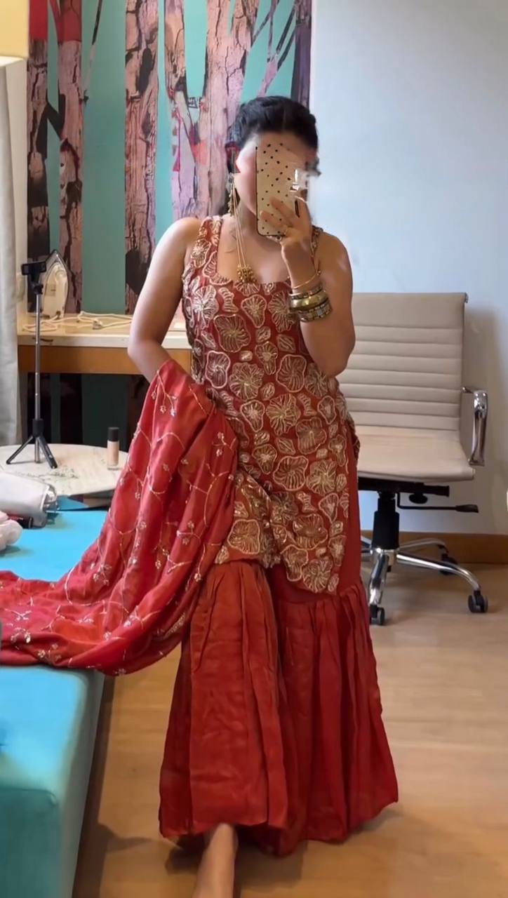 Red Simmer Silk Kurta Sharara Set with Dupatta