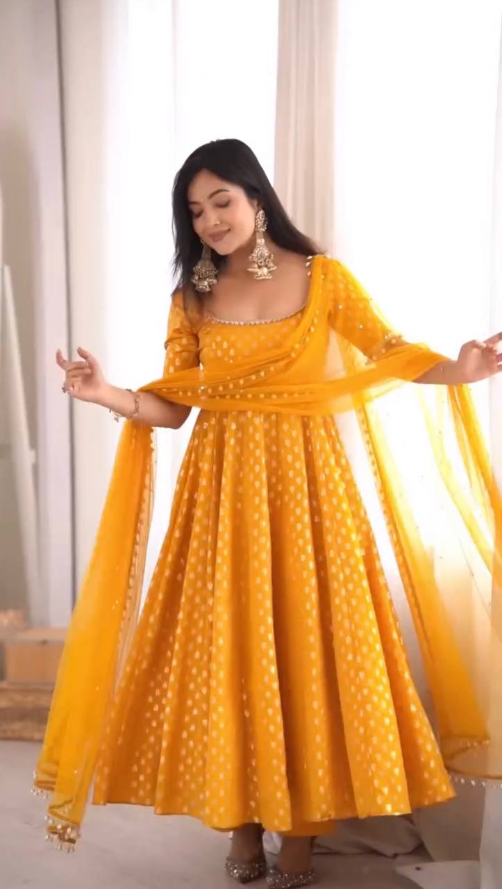 Mustard Yellow Anarkali Dress for Women with Pearl Lace Dupatta