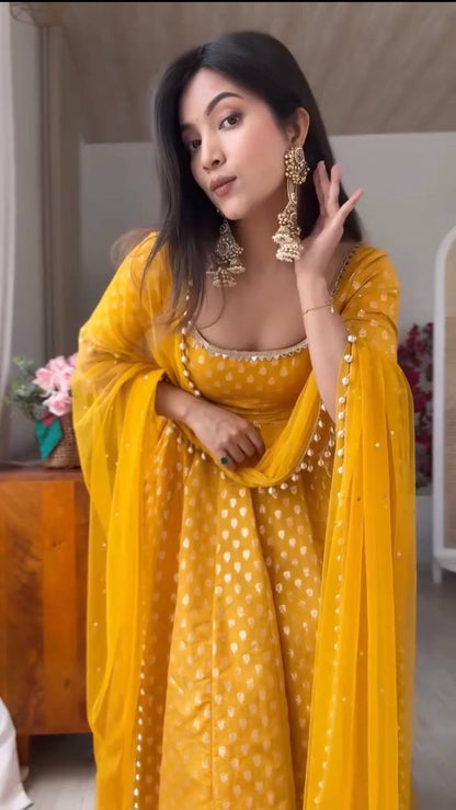 Mustard Yellow Anarkali Dress for Women with Pearl Lace Dupatta