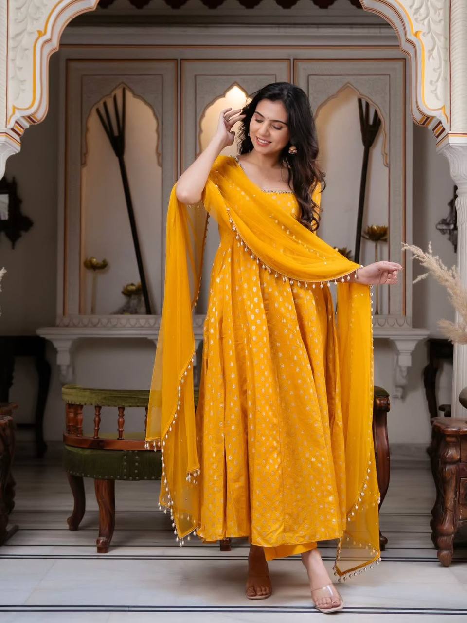 Mustard Yellow Anarkali Dress for Women with Pearl Lace Dupatta