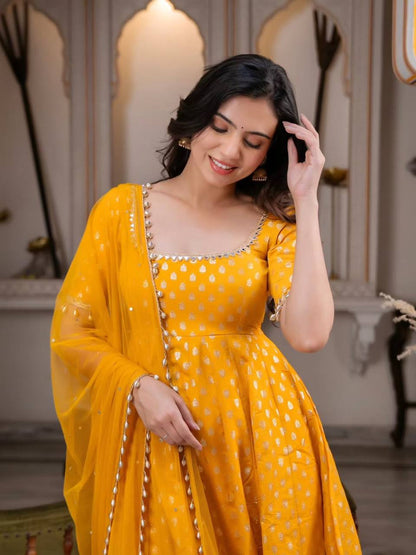 Mustard Yellow Anarkali Dress for Women with Pearl Lace Dupatta