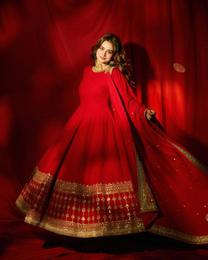 Red Vichitra Silk Salwar Suit Party Wear for Women
