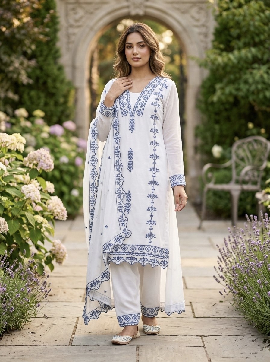 Pakistani Style Salwar Suit Kurti Set with Cotton Thread Work