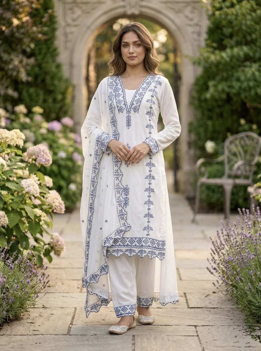 Pakistani Style Salwar Suit Kurti Set with Cotton Thread Work