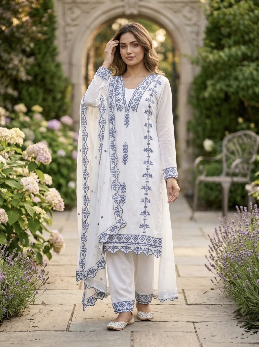 Pakistani Style Salwar Suit Kurti Set with Cotton Thread Work