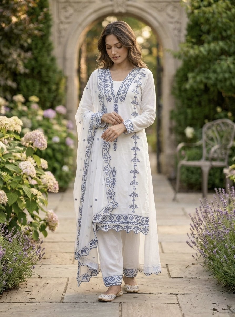 Pakistani Style Salwar Suit Kurti Set with Cotton Thread Work