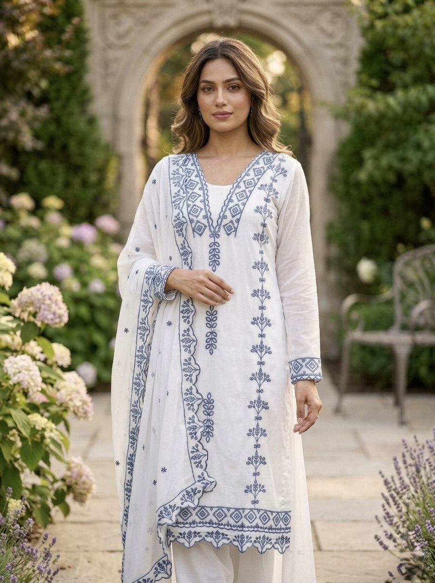 Pakistani Style Salwar Suit Kurti Set with Cotton Thread Work