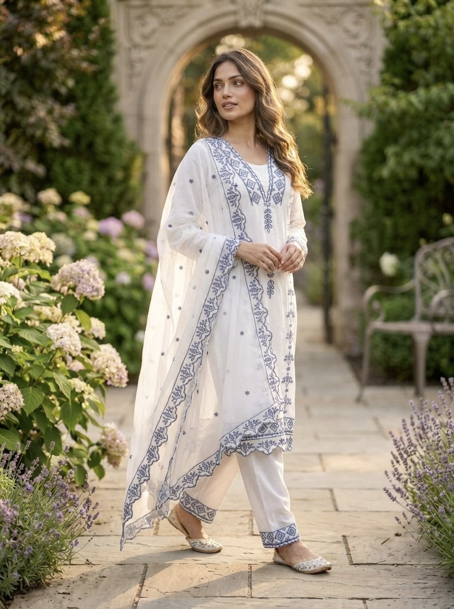 Pakistani Style Salwar Suit Kurti Set with Cotton Thread Work