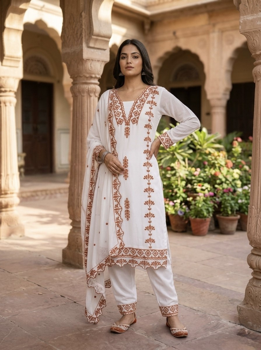 Pakistani Style Salwar Suit Kurti Set with Cotton Thread Work