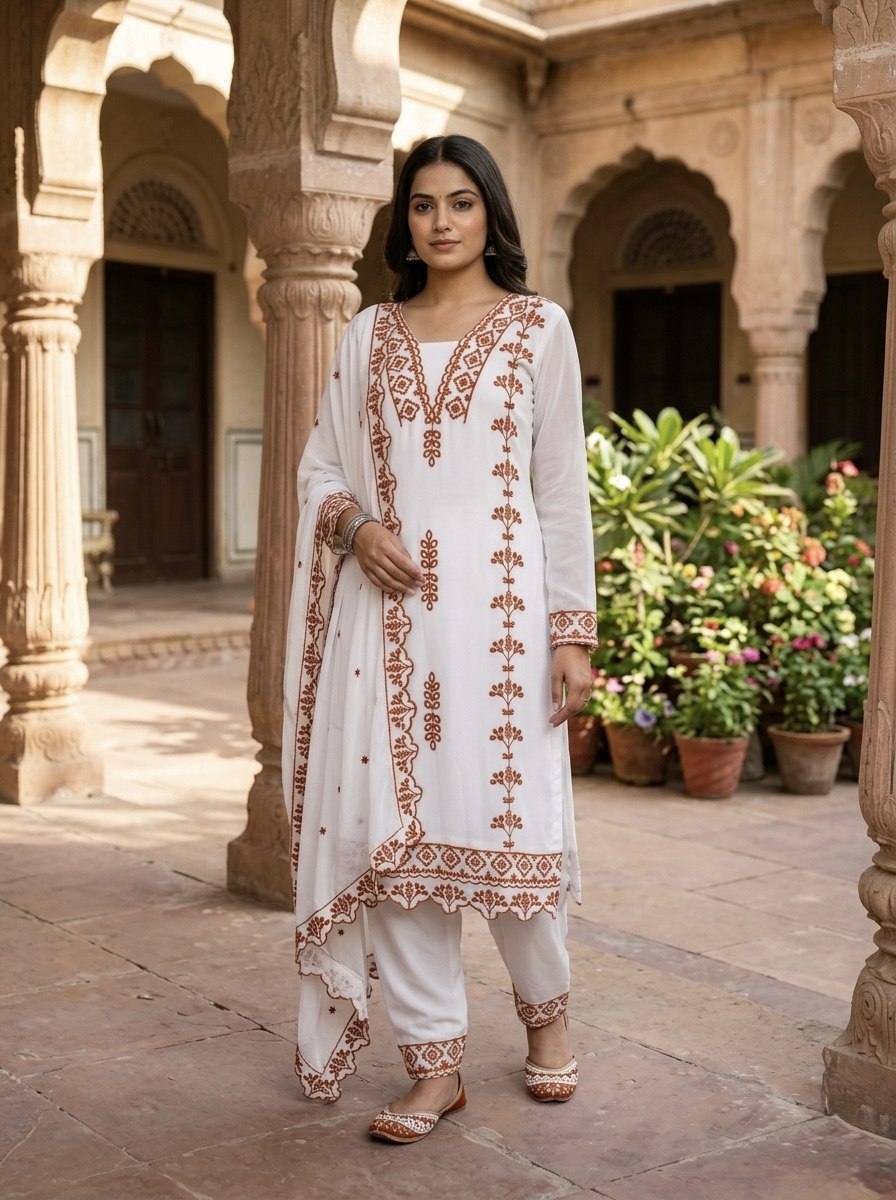 Pakistani Style Salwar Suit Kurti Set with Cotton Thread Work
