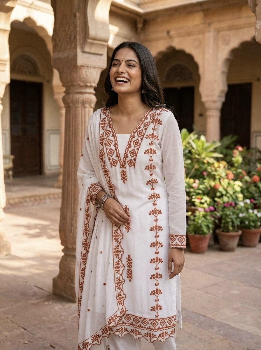 Pakistani Style Salwar Suit Kurti Set with Cotton Thread Work