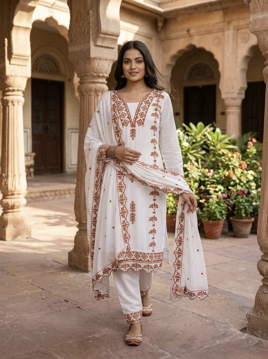 Pakistani Style Salwar Suit Kurti Set with Cotton Thread Work