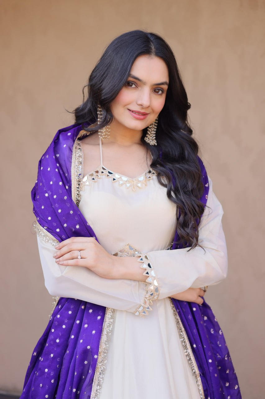 White Mirror Work Gown with Contrast Moss Butti Dupatta