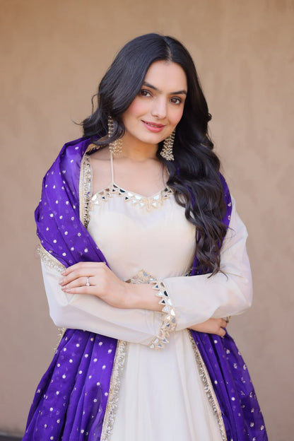 White Mirror Work Gown with Contrast Moss Butti Dupatta