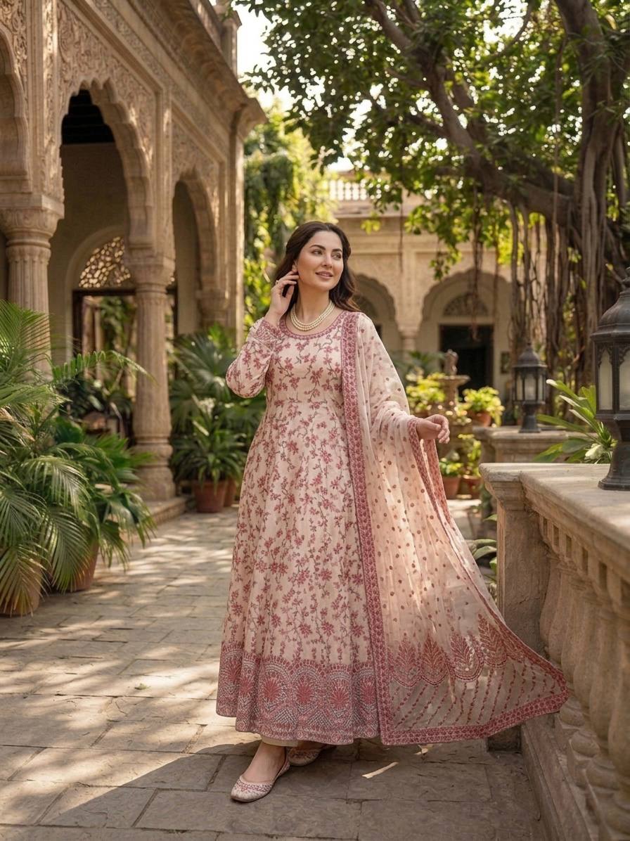 Premium Faux Georgette Embroidered Anarkali Gown with Pent Set