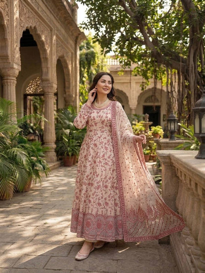 Premium Faux Georgette Embroidered Anarkali Gown with Pent Set