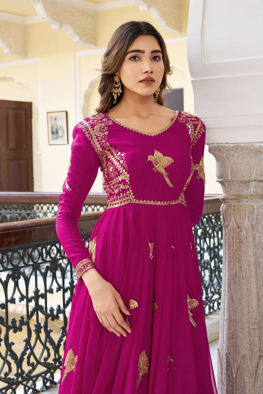 Faux Georgette Embroidered Gown with Sequin Work & Dupatta
