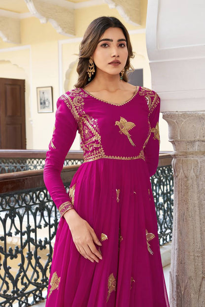 Faux Georgette Embroidered Gown with Sequin Work & Dupatta