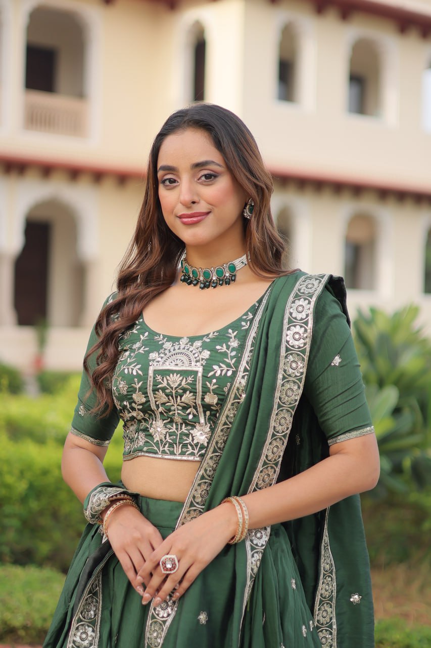 Dark Green Vichitra Silk Embroidered Lehenga Choli