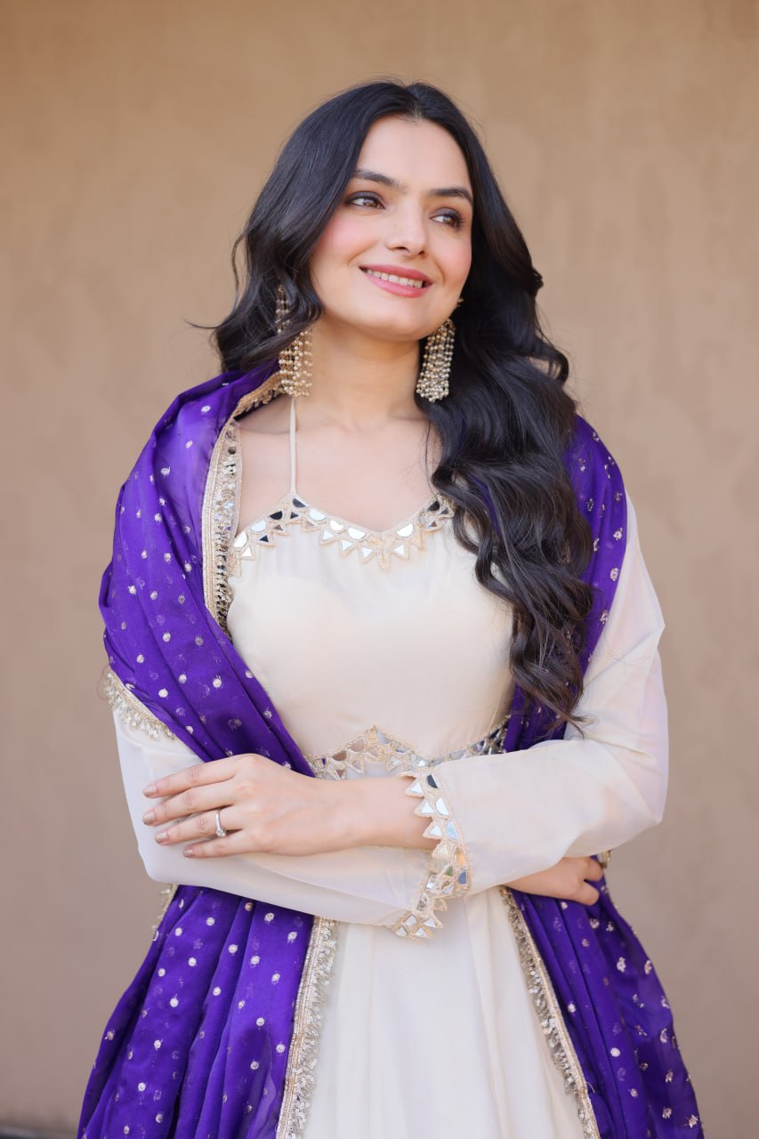 White Mirror Work Gown with Contrast Moss Butti Dupatta
