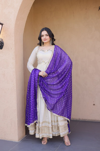 White Mirror Work Gown with Contrast Moss Butti Dupatta
