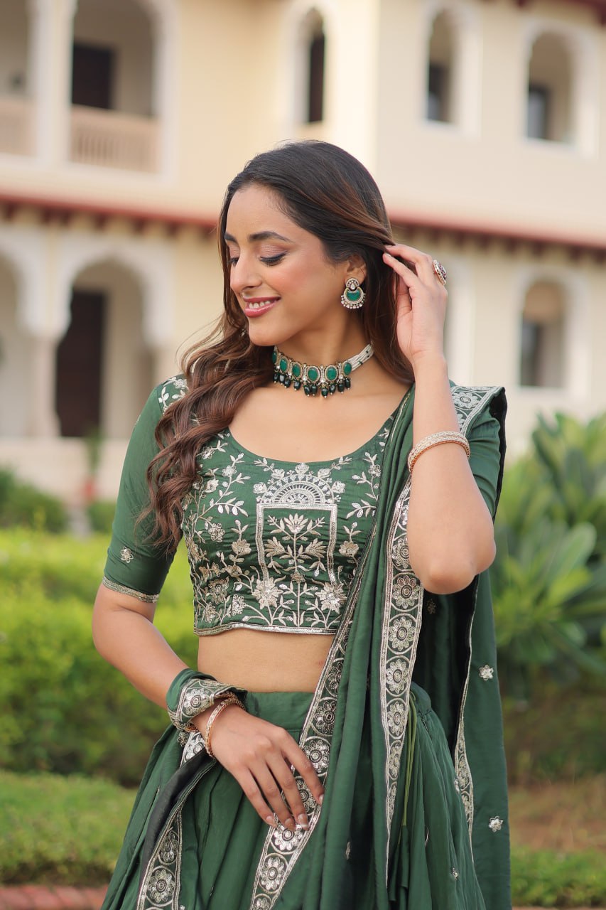 Dark Green Vichitra Silk Embroidered Lehenga Choli