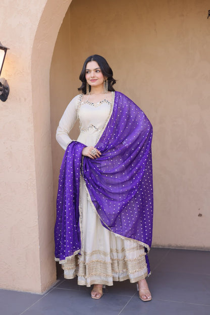 White Mirror Work Gown with Contrast Moss Butti Dupatta