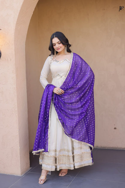 White Mirror Work Gown with Contrast Moss Butti Dupatta