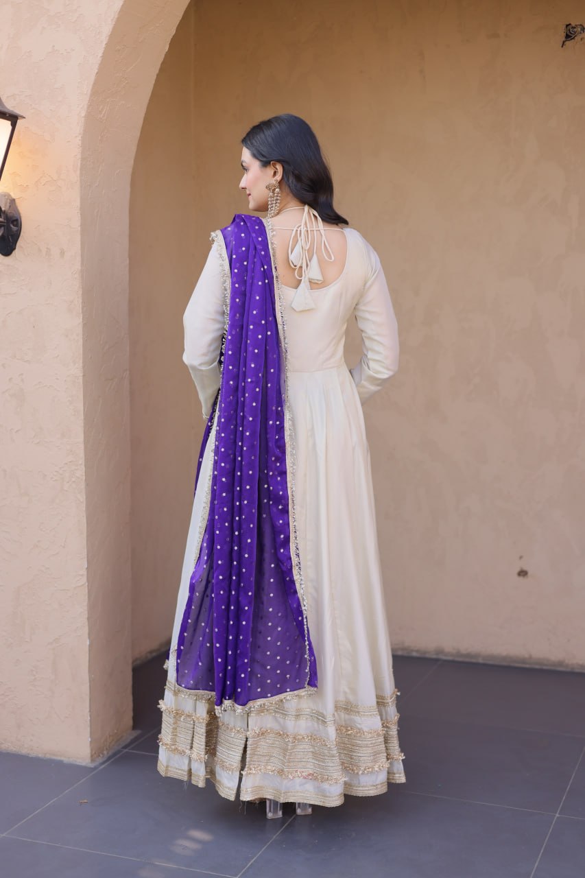 White Mirror Work Gown with Contrast Moss Butti Dupatta
