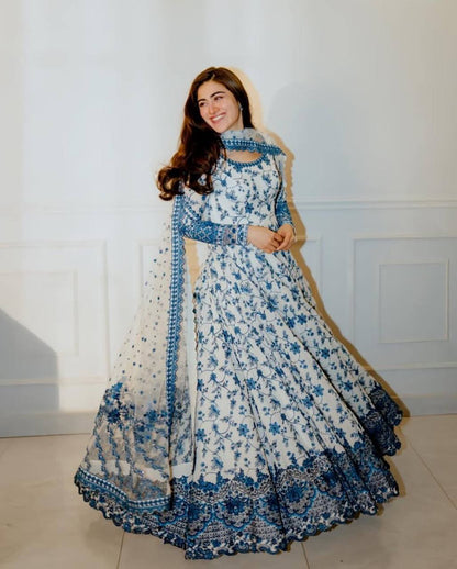 Premium Faux Georgette Embroidered Anarkali Gown with Pent Set