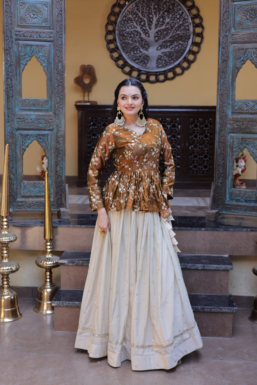 Sequins Embroidered Peplum Top with Flared Lehenga Set