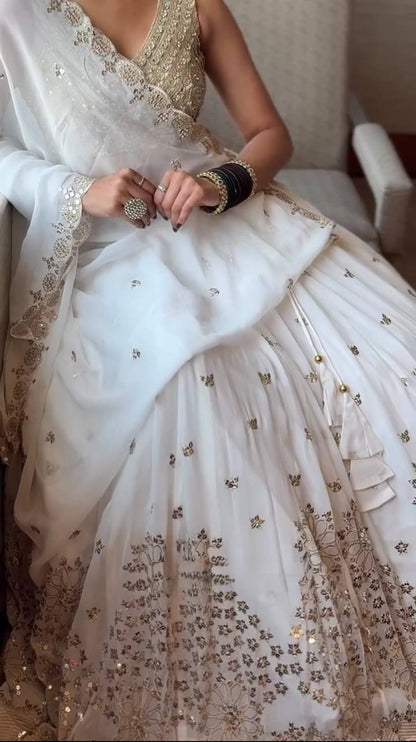White Georgette Sequence Work Lehenga Choli - Wedding Special