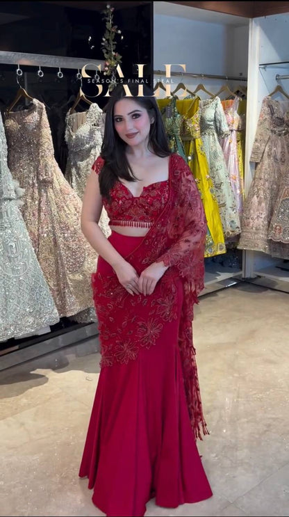 Elegant Red Ready to Wear Lehenga Saree with Embroidered Choli