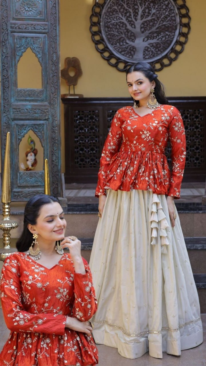 Sequins Embroidered Peplum Top with Flared Lehenga Set