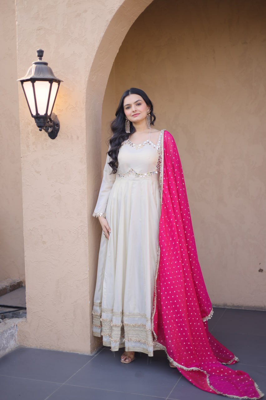 White Mirror Work Gown with Contrast Moss Butti Dupatta