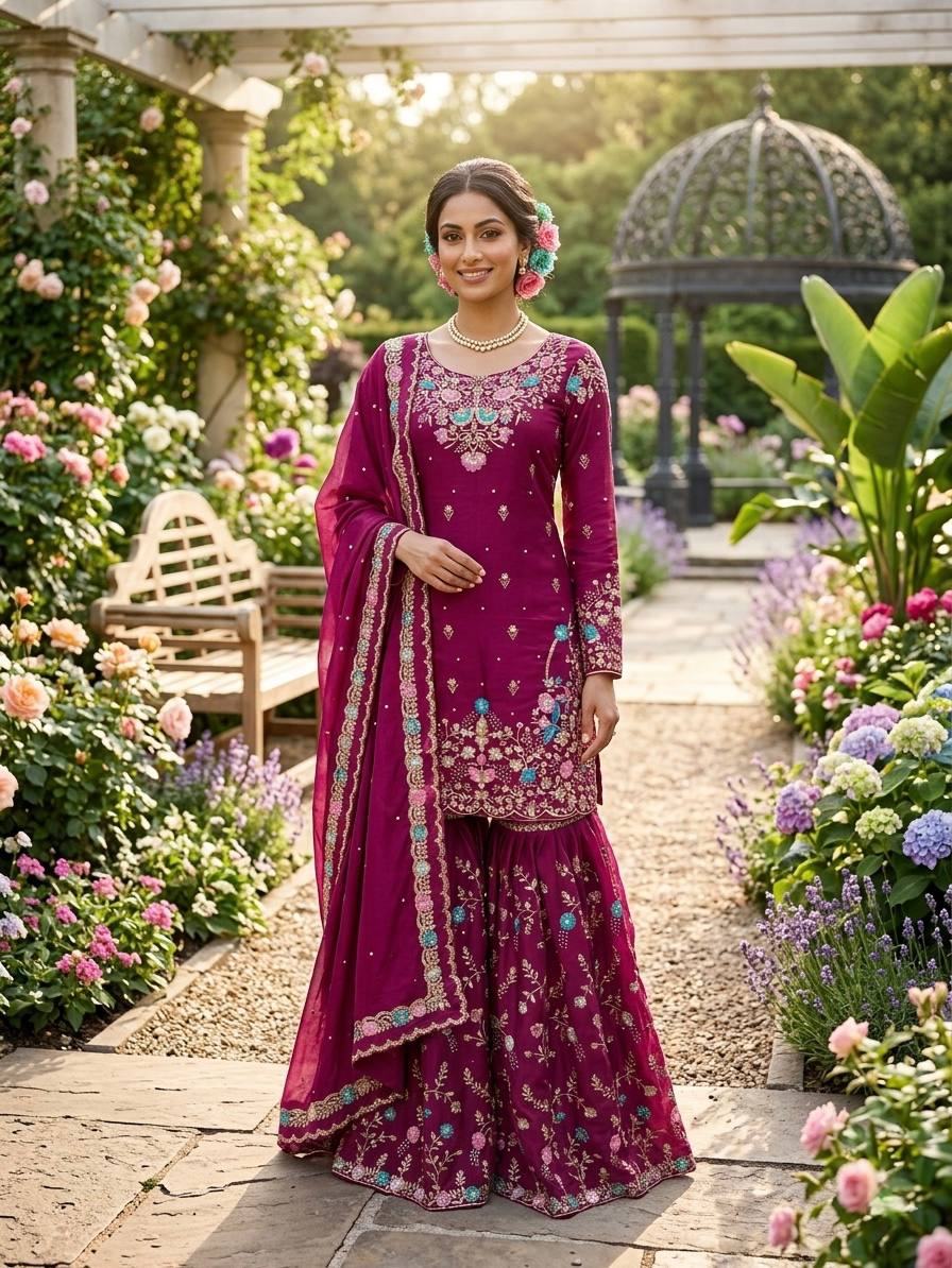 JMC Silk Embroidered Sharara Suit Set