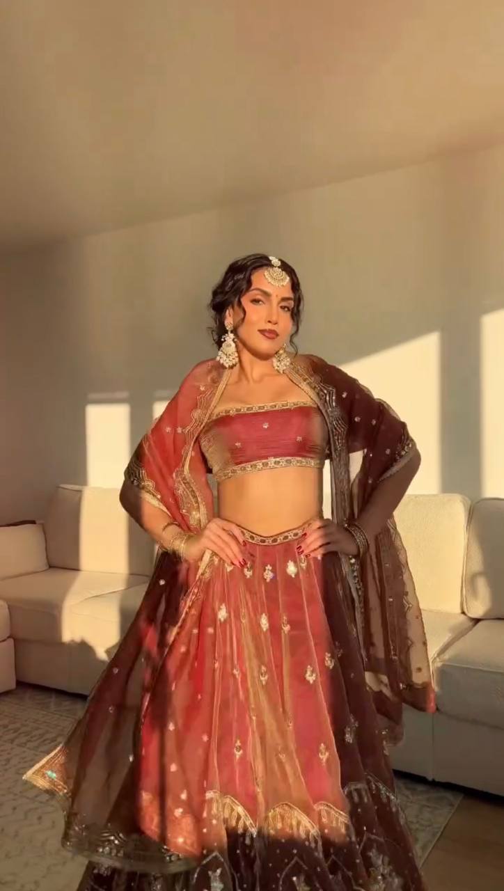 Rust Red Krishma Silk Sequence Work Lehenga Choli