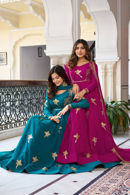 Faux Georgette Embroidered Gown with Sequin Work & Dupatta