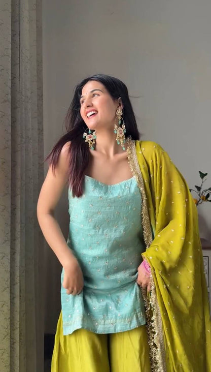 Cyan and Lime Party Wear Suit for Women - Chinon Silk Salwar Suit