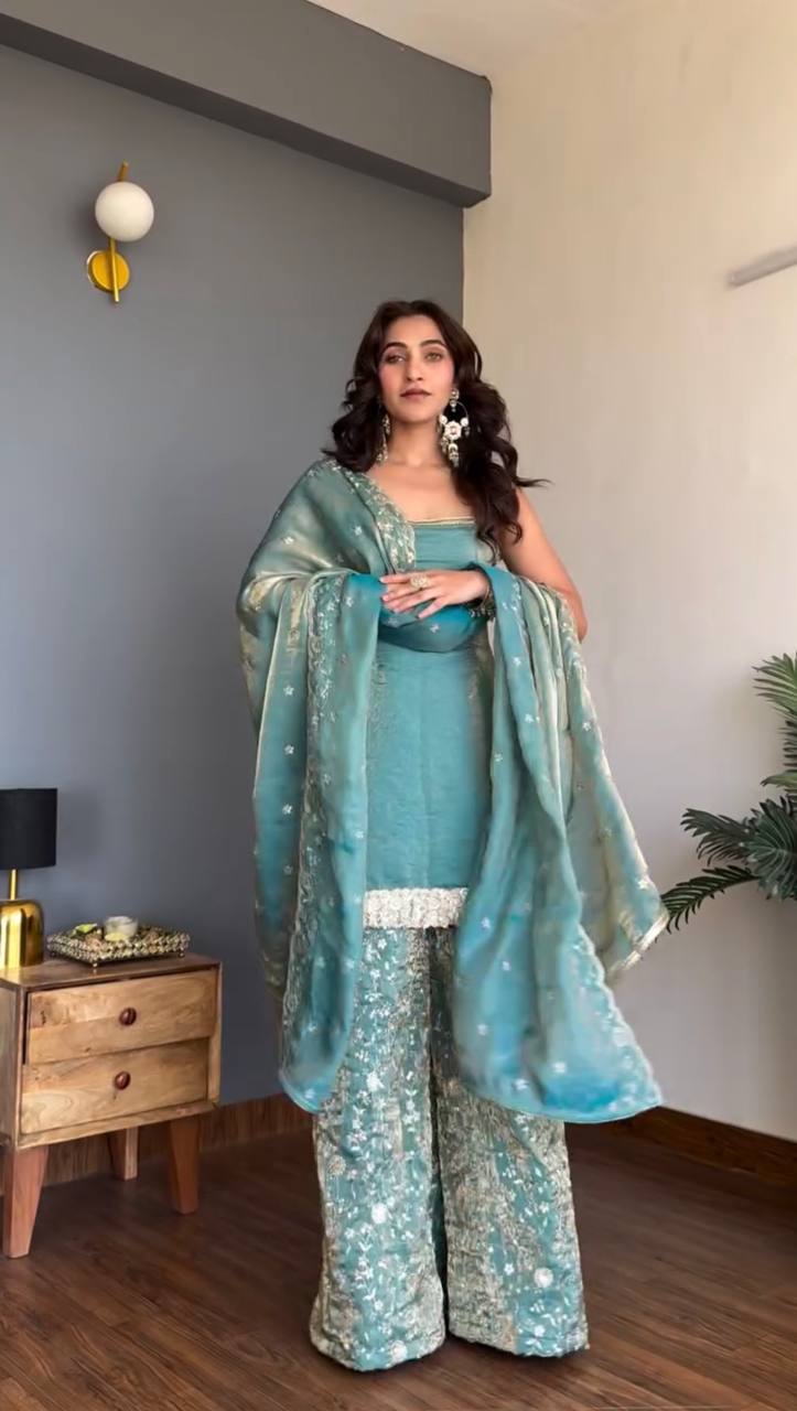 Sea Green Fendy Silk Pakistani Suit with Sequined Palazzo
